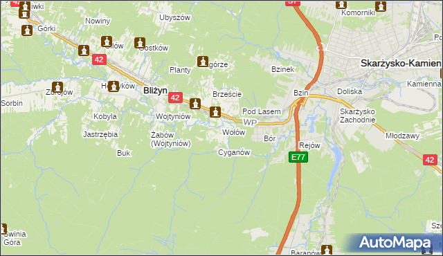 mapa Wołów gmina Bliżyn, Wołów gmina Bliżyn na mapie Targeo