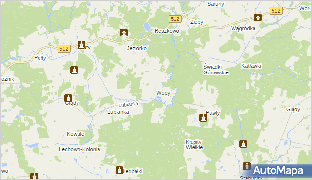 mapa Wopy gmina Pieniężno, Wopy gmina Pieniężno na mapie Targeo