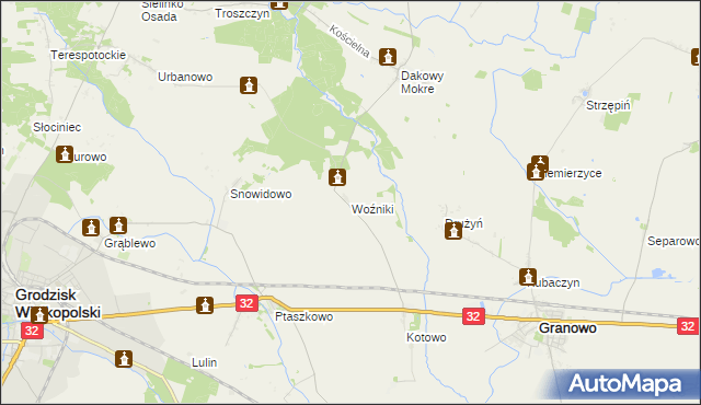 mapa Woźniki gmina Grodzisk Wielkopolski, Woźniki gmina Grodzisk Wielkopolski na mapie Targeo