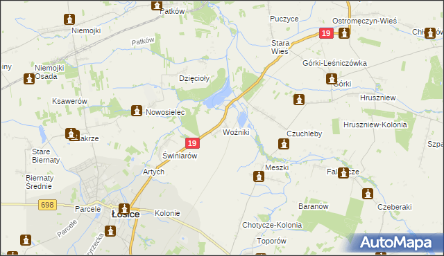 mapa Woźniki gmina Łosice, Woźniki gmina Łosice na mapie Targeo