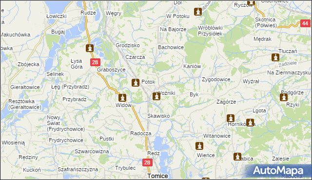 mapa Woźniki gmina Tomice, Woźniki gmina Tomice na mapie Targeo