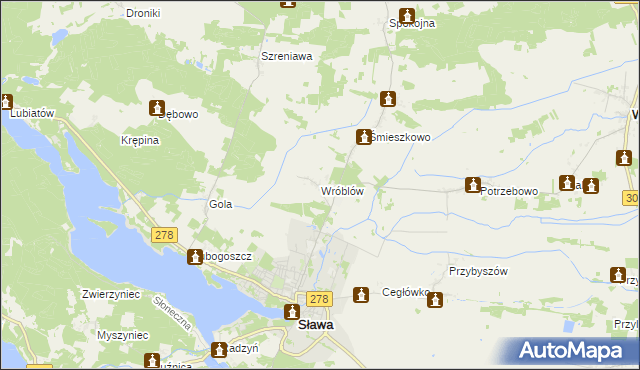 mapa Wróblów gmina Sława, Wróblów gmina Sława na mapie Targeo