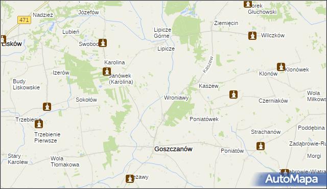 mapa Wroniawy gmina Goszczanów, Wroniawy gmina Goszczanów na mapie Targeo