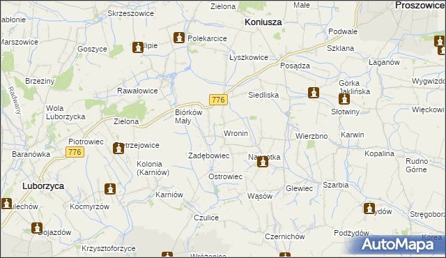 mapa Wronin gmina Koniusza, Wronin gmina Koniusza na mapie Targeo