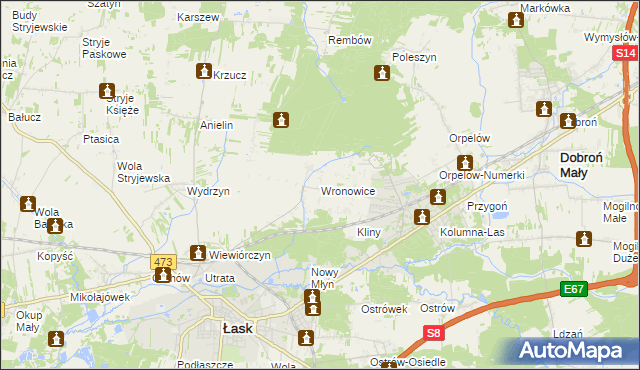 mapa Wronowice gmina Łask, Wronowice gmina Łask na mapie Targeo