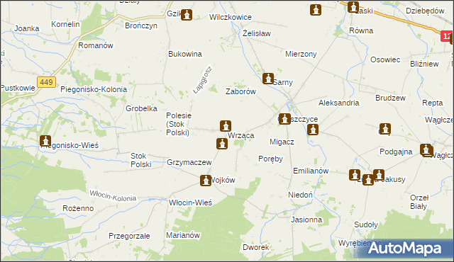 mapa Wrząca gmina Błaszki, Wrząca gmina Błaszki na mapie Targeo