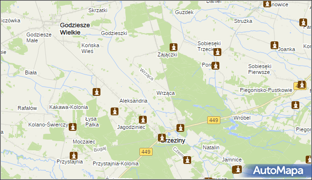 mapa Wrząca gmina Brzeziny, Wrząca gmina Brzeziny na mapie Targeo