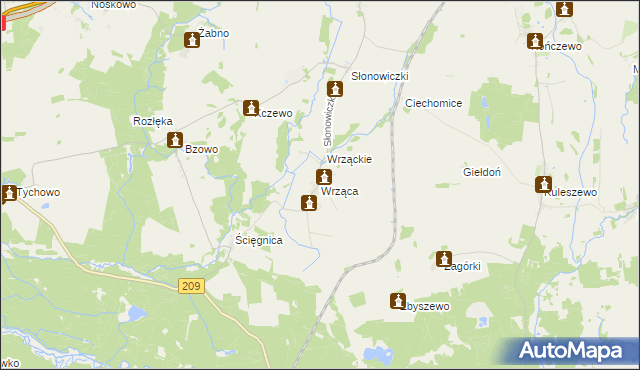 mapa Wrząca gmina Kobylnica, Wrząca gmina Kobylnica na mapie Targeo