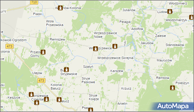 mapa Wrzeszczewice-Skrejnia, Wrzeszczewice-Skrejnia na mapie Targeo