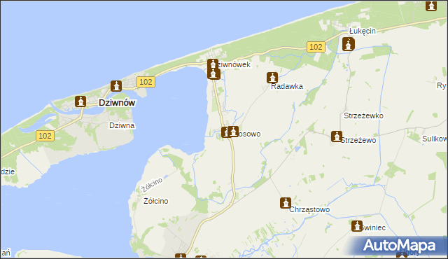 mapa Wrzosowo gmina Kamień Pomorski, Wrzosowo gmina Kamień Pomorski na mapie Targeo