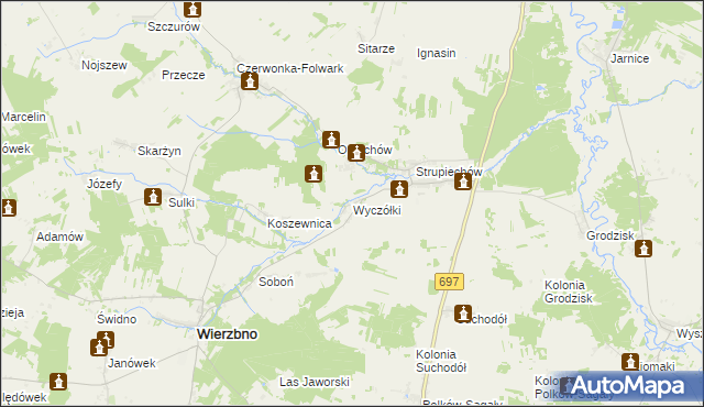 mapa Wyczółki gmina Wierzbno, Wyczółki gmina Wierzbno na mapie Targeo