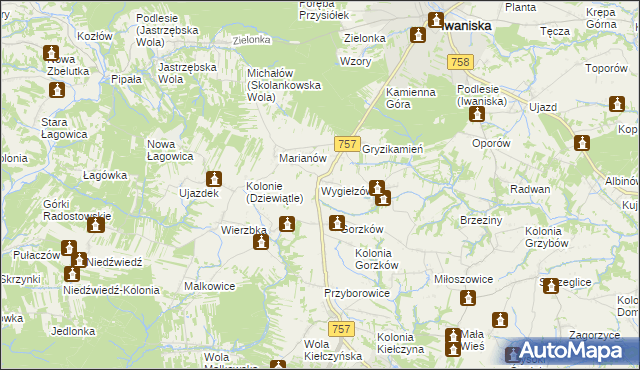 mapa Wygiełzów gmina Iwaniska, Wygiełzów gmina Iwaniska na mapie Targeo