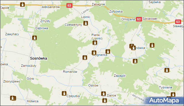 mapa Wygnanka gmina Sosnówka, Wygnanka gmina Sosnówka na mapie Targeo