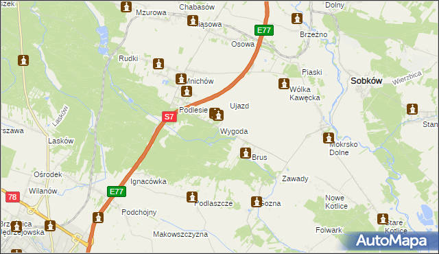 mapa Wygoda gmina Jędrzejów, Wygoda gmina Jędrzejów na mapie Targeo