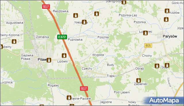 mapa Wygoda gmina Pilawa, Wygoda gmina Pilawa na mapie Targeo