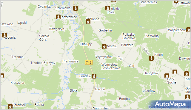 mapa Wymysłów gmina Przedbórz, Wymysłów gmina Przedbórz na mapie Targeo