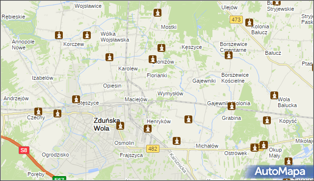 mapa Wymysłów gmina Zduńska Wola, Wymysłów gmina Zduńska Wola na mapie Targeo