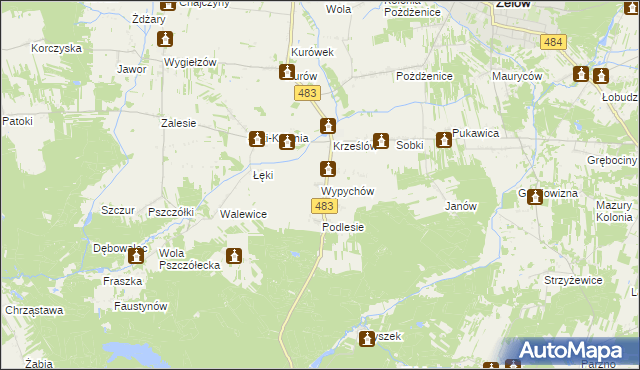 mapa Wypychów gmina Zelów, Wypychów gmina Zelów na mapie Targeo