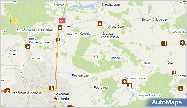 mapa Wyrąb gmina Sokołów Podlaski, Wyrąb gmina Sokołów Podlaski na mapie Targeo