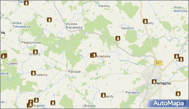 mapa Wyrębiska gmina Pieniężno, Wyrębiska gmina Pieniężno na mapie Targeo