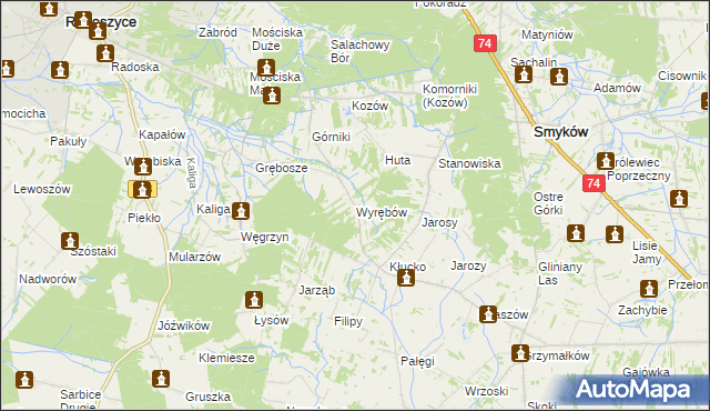 mapa Wyrębów gmina Radoszyce, Wyrębów gmina Radoszyce na mapie Targeo