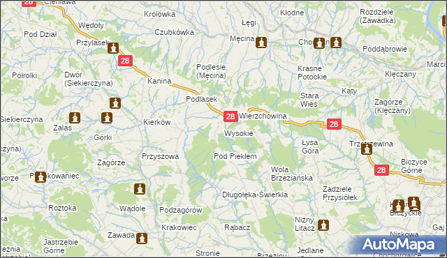 mapa Wysokie gmina Limanowa, Wysokie gmina Limanowa na mapie Targeo