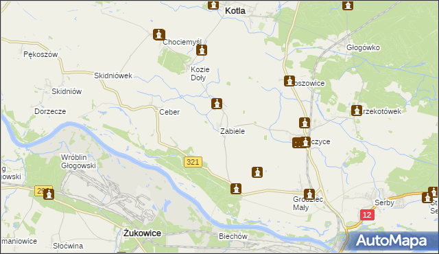 mapa Zabiele gmina Kotla, Zabiele gmina Kotla na mapie Targeo