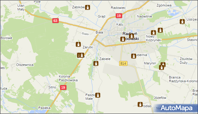 mapa Zabiele gmina Radzyń Podlaski, Zabiele gmina Radzyń Podlaski na mapie Targeo