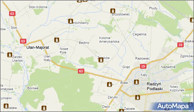 mapa Żabików gmina Radzyń Podlaski, Żabików gmina Radzyń Podlaski na mapie Targeo