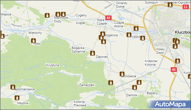 mapa Żabiniec gmina Kluczbork, Żabiniec gmina Kluczbork na mapie Targeo