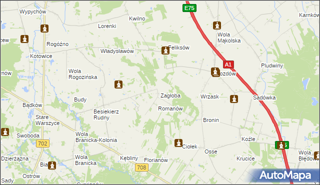 mapa Zagłoba gmina Stryków, Zagłoba gmina Stryków na mapie Targeo