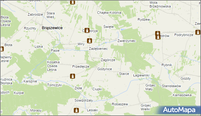 mapa Zagórcze gmina Brąszewice, Zagórcze gmina Brąszewice na mapie Targeo