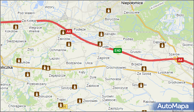 mapa Zagórze gmina Niepołomice, Zagórze gmina Niepołomice na mapie Targeo