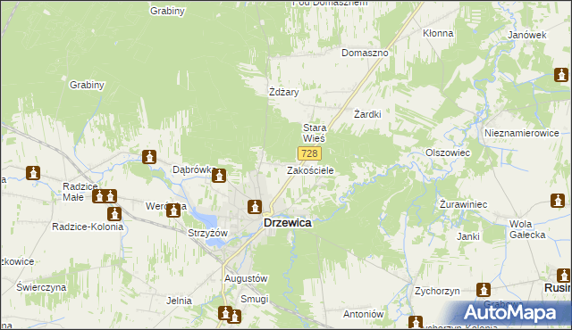 mapa Zakościele gmina Drzewica, Zakościele gmina Drzewica na mapie Targeo