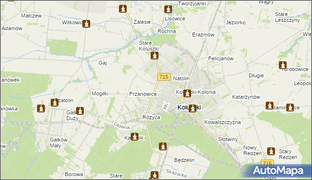 mapa Żakowice gmina Koluszki, Żakowice gmina Koluszki na mapie Targeo