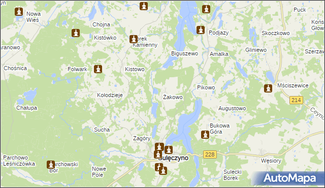 mapa Żakowo gmina Sulęczyno, Żakowo gmina Sulęczyno na mapie Targeo