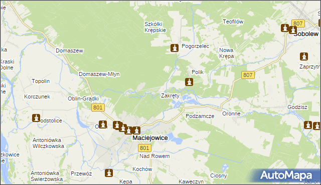 mapa Zakręty gmina Maciejowice, Zakręty gmina Maciejowice na mapie Targeo