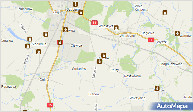 mapa Zakrzew gmina Jarocin, Zakrzew gmina Jarocin na mapie Targeo