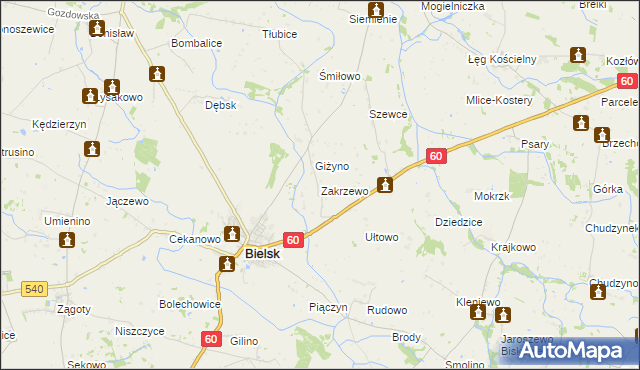 mapa Zakrzewo gmina Bielsk, Zakrzewo gmina Bielsk na mapie Targeo