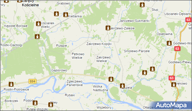 mapa Zakrzewo Wielkie gmina Zaręby Kościelne, Zakrzewo Wielkie gmina Zaręby Kościelne na mapie Targeo