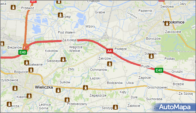 mapa Zakrzów gmina Niepołomice, Zakrzów gmina Niepołomice na mapie Targeo