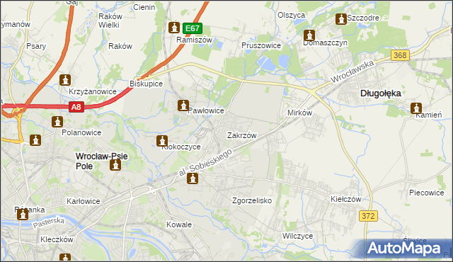 mapa Zakrzów gmina Wrocław, Zakrzów gmina Wrocław na mapie Targeo
