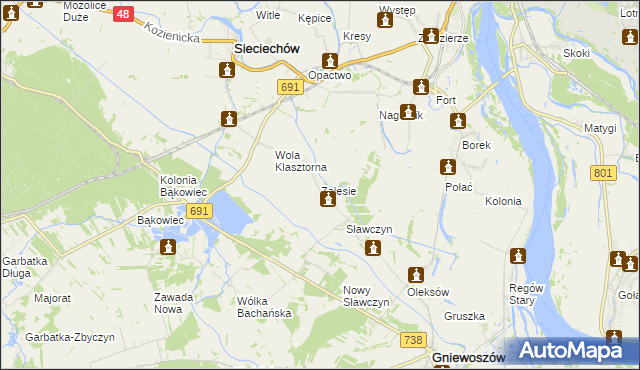 mapa Zalesie gmina Gniewoszów, Zalesie gmina Gniewoszów na mapie Targeo