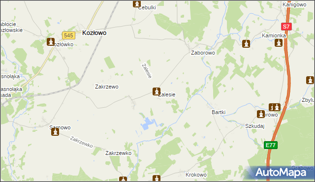 mapa Zalesie gmina Kozłowo, Zalesie gmina Kozłowo na mapie Targeo