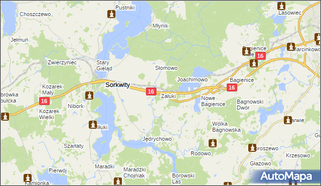 mapa Załuki gmina Sorkwity, Załuki gmina Sorkwity na mapie Targeo