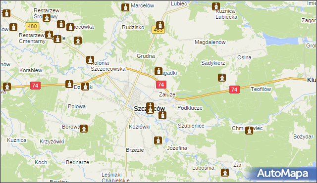 mapa Załuże gmina Szczerców, Załuże gmina Szczerców na mapie Targeo