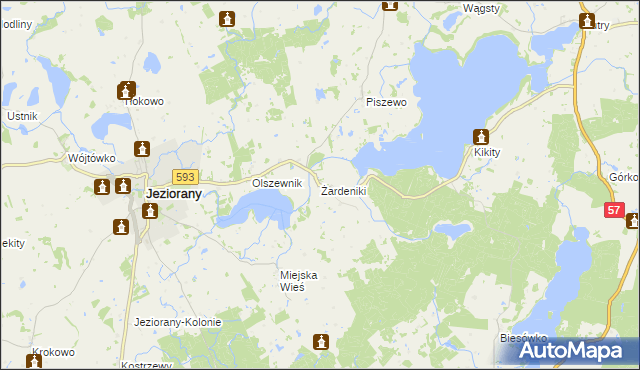 mapa Żardeniki gmina Jeziorany, Żardeniki gmina Jeziorany na mapie Targeo