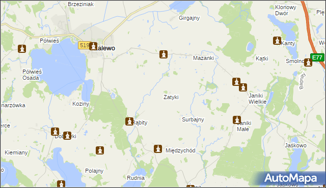 mapa Zatyki gmina Zalewo, Zatyki gmina Zalewo na mapie Targeo