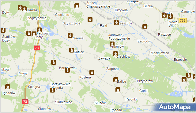 mapa Zawada gmina Gnojno, Zawada gmina Gnojno na mapie Targeo