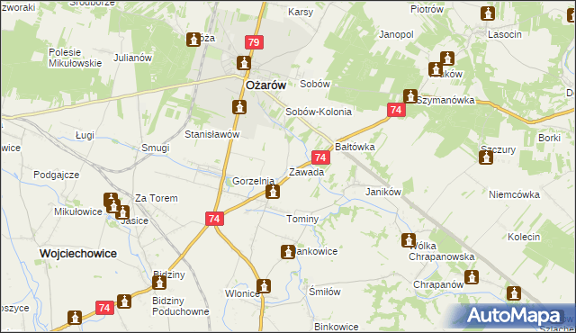 mapa Zawada gmina Ożarów, Zawada gmina Ożarów na mapie Targeo